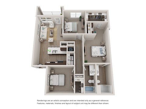 A 3D floor plan of an apartment with three bedrooms and a living area.